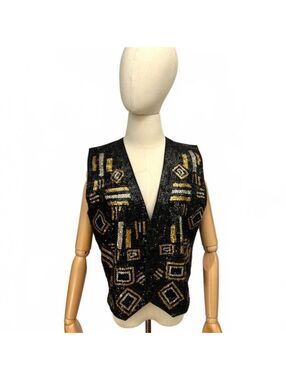 Vintage 90s Effeci Black Gold Silver Beaded Sequined Vest